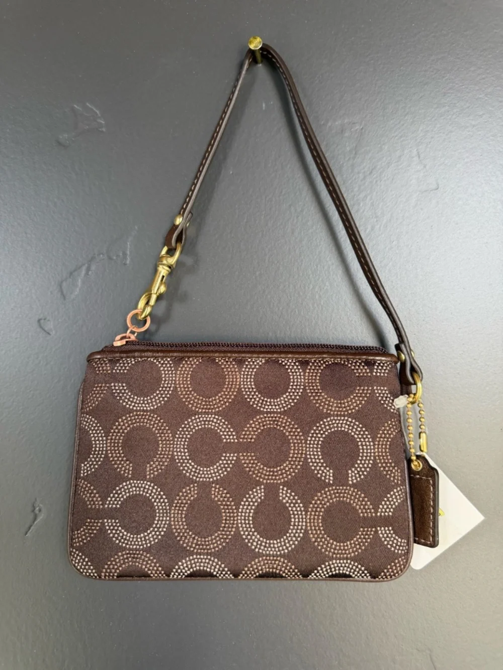 NWT Coach Madison Dotted Op Art Wristlet 44443 Mahogany Brown Jacquard Y2K